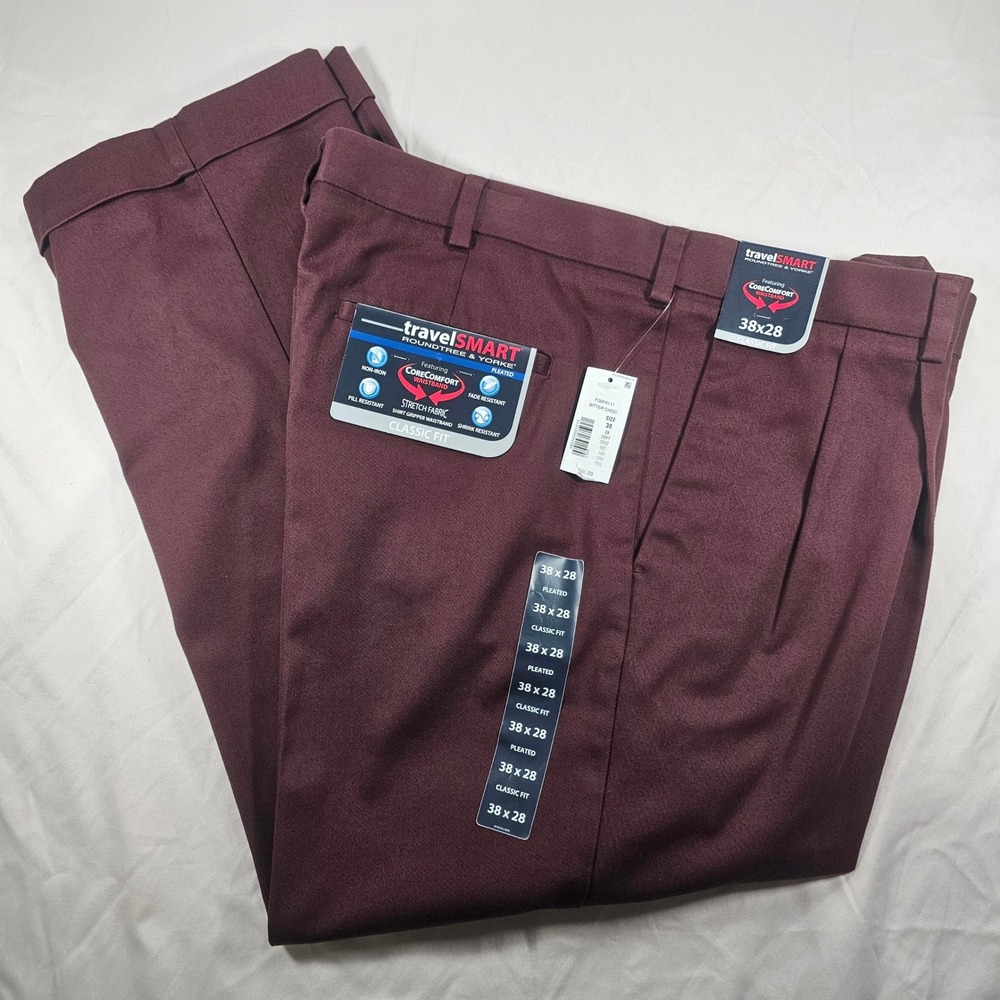 Roundtree & Yorke 38x28 Brown TravelSMART Classis Pleated Chino Pant NWT 1620